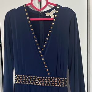 Michael Kors GoldenStudded Longsleeves Dress Navy Blue Bell Sleeves Tie Waist 1X